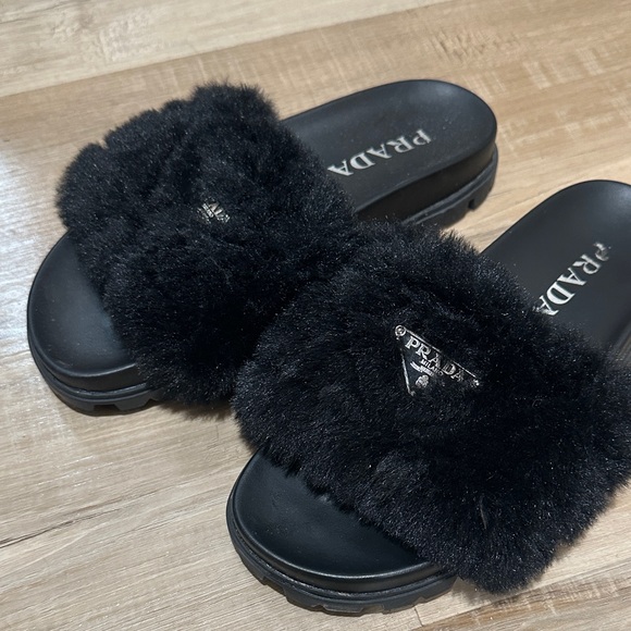 Prada Women's Black Fur Slippers - Picture 2 of 2